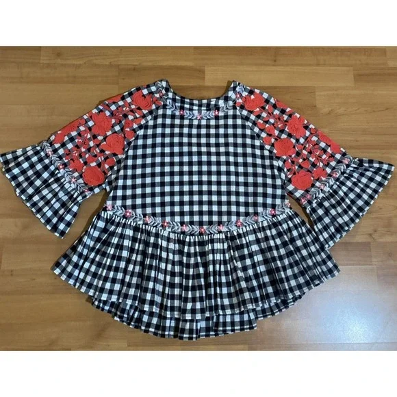 Anthropologie Pankaj Nidhi Gingham Swing Ruffle Embroidered Top Size XS Boho - Picture 8 of 14